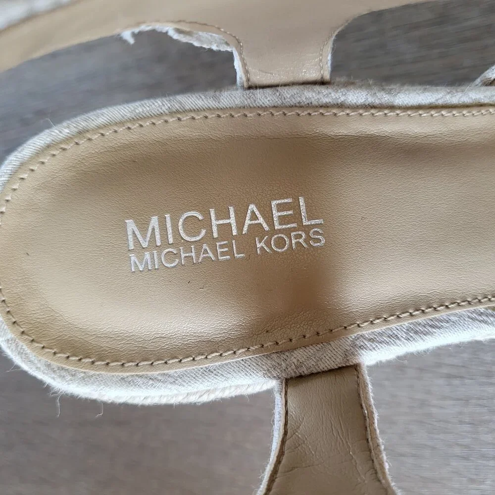 Michael Kors Berkley Platform Wedge Sandal MK Logo Cream Canvas Size 7